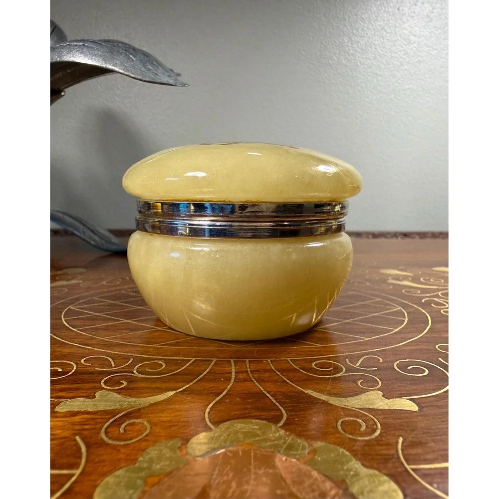 Vintage Alabaster Trinket Box • Forget-Me-Not Floral Stone Jewelry Box